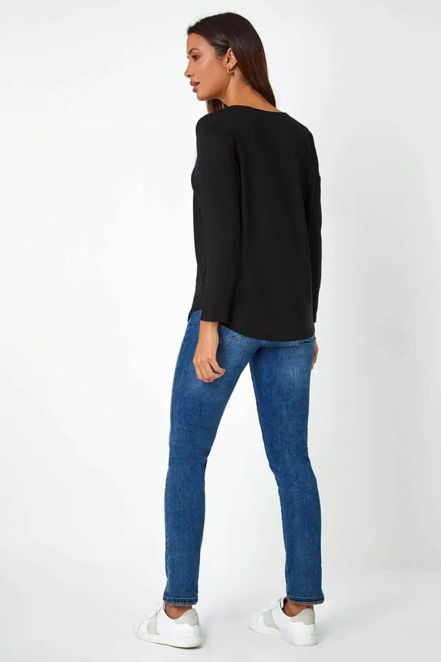 Women Black Embellished Star Print Stretch Top Roman Tops