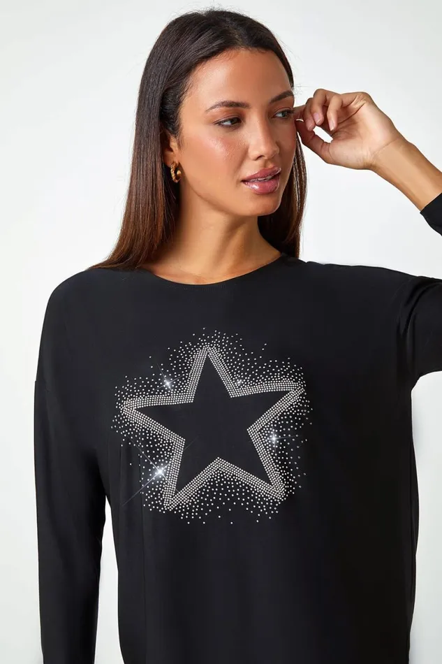 Women Black Embellished Star Print Stretch Top Roman Tops