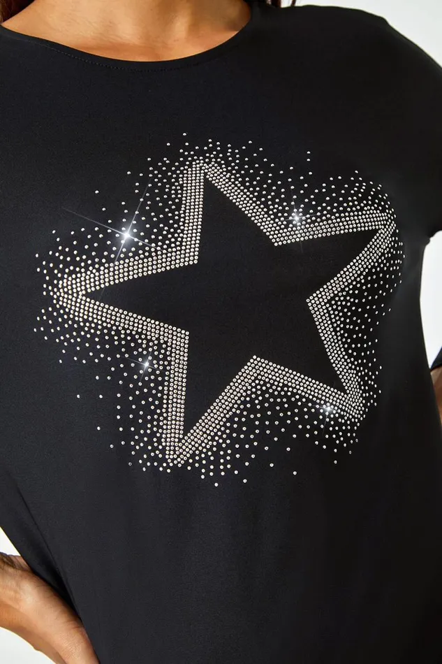 Women Black Embellished Star Print Stretch Top Roman Tops