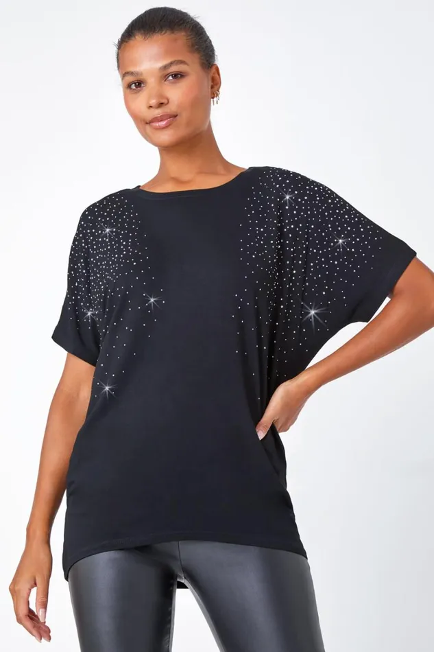 Women Black Embellished Stretch TShirt Roman Tops