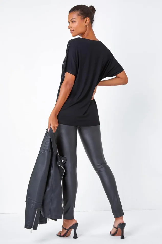Women Black Embellished Stretch TShirt Roman Tops