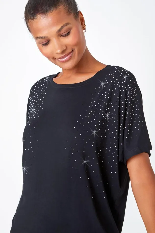 Women Black Embellished Stretch TShirt Roman Tops