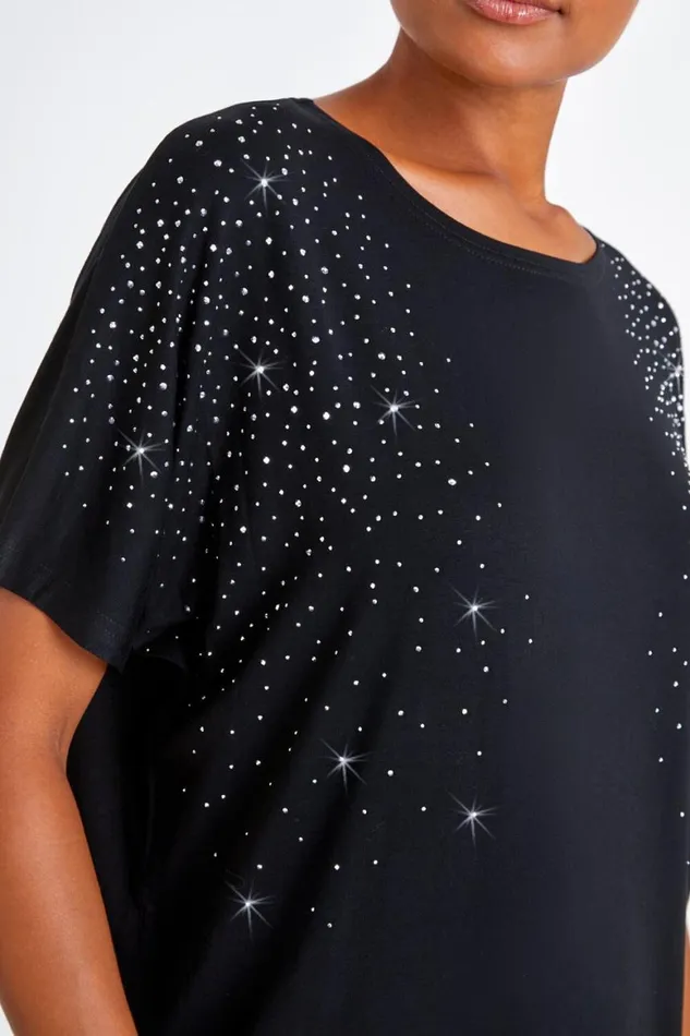 Women Black Embellished Stretch TShirt Roman Tops