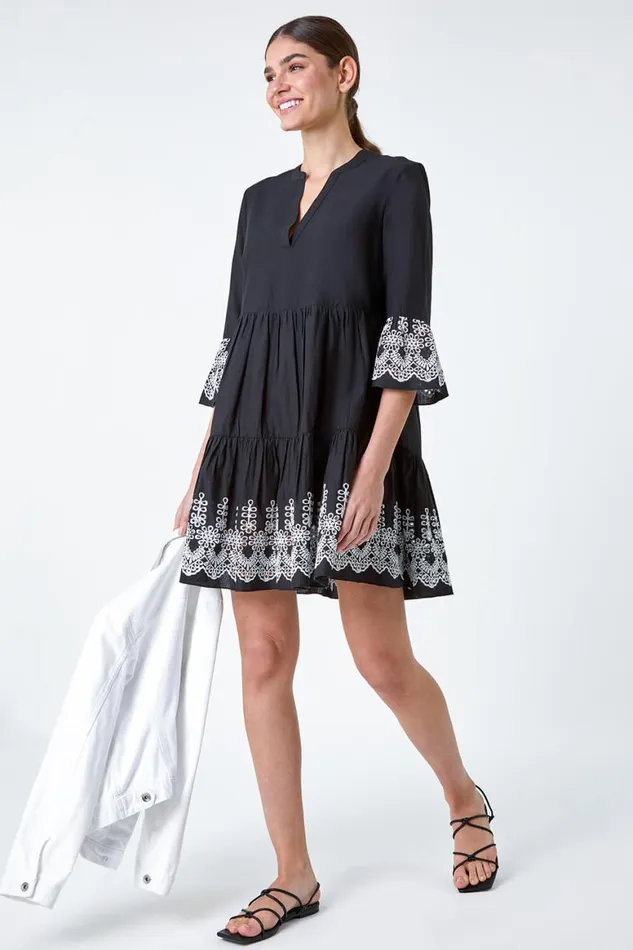 Women Black Embroidered Cotton Smock Dress Roman Dresses
