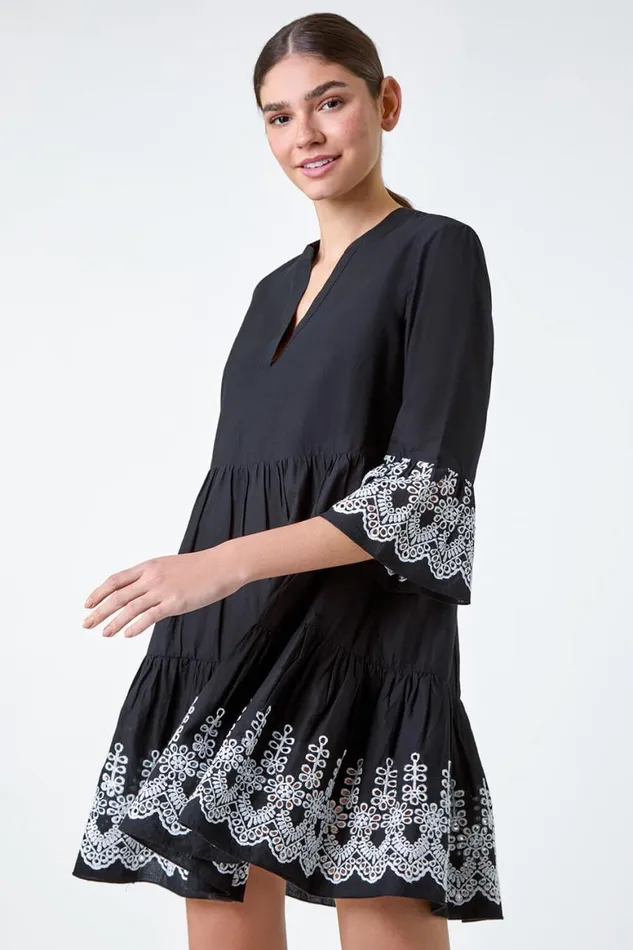 Women Black Embroidered Cotton Smock Dress Roman Dresses