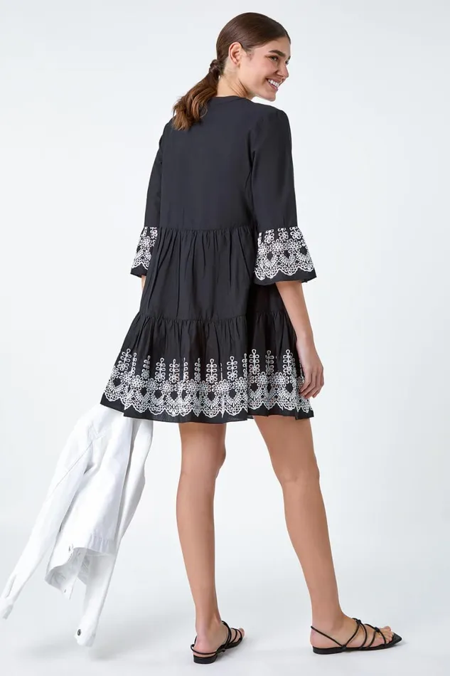 Women Black Embroidered Cotton Smock Dress Roman Dresses