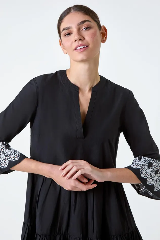 Women Black Embroidered Cotton Smock Dress Roman Dresses