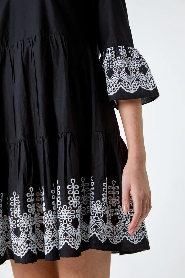 Women Black Embroidered Cotton Smock Dress Roman Dresses