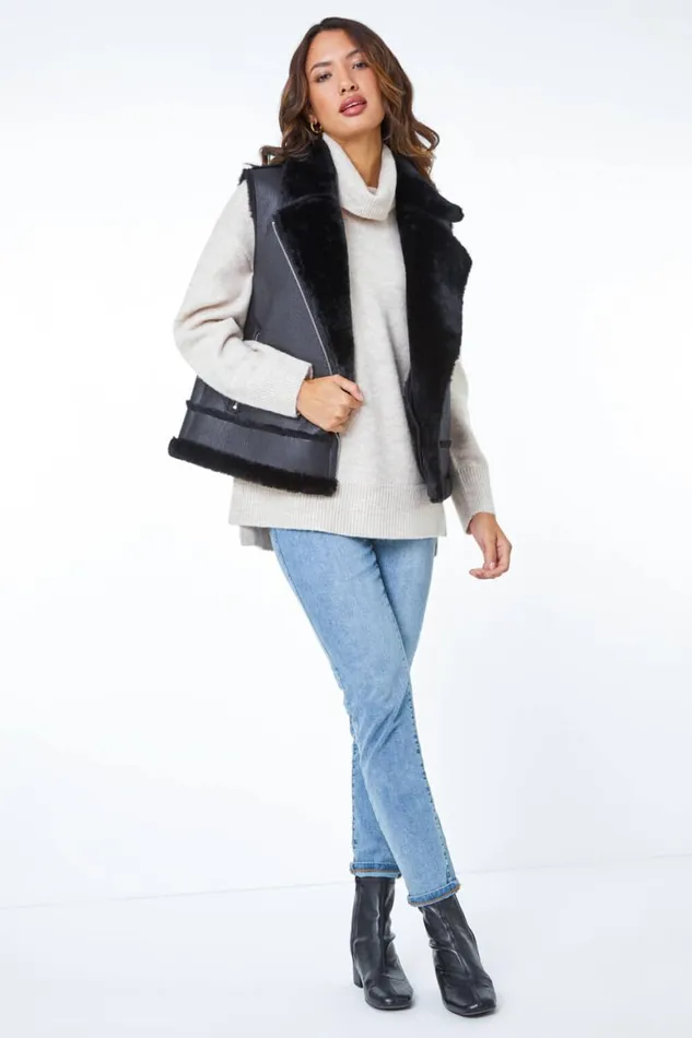 Women Black Faux Fur Aviator Gilet Roman Coats