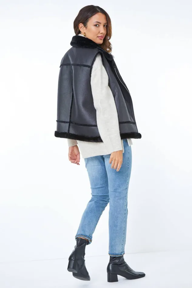 Women Black Faux Fur Aviator Gilet Roman Coats