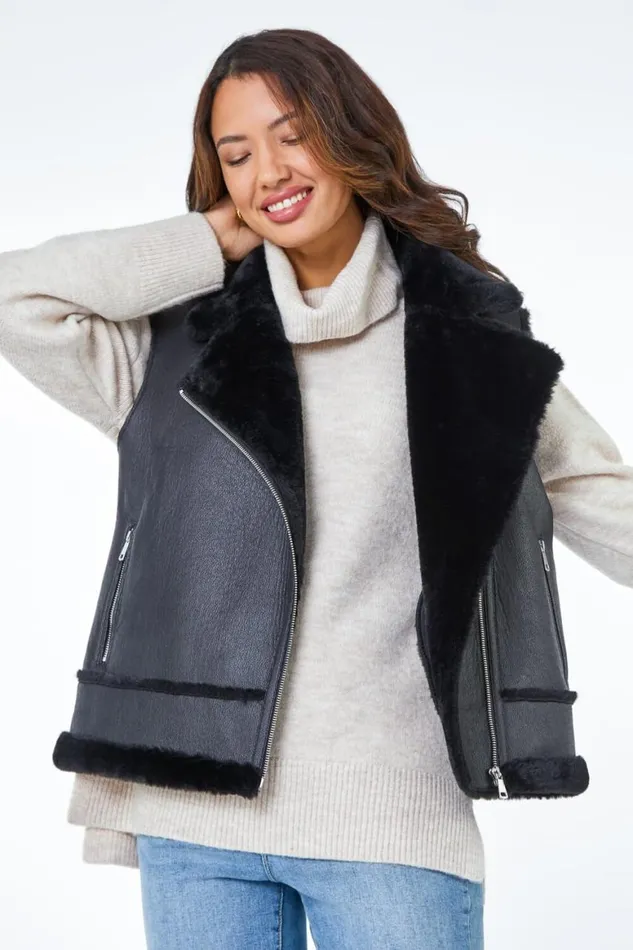 Women Black Faux Fur Aviator Gilet Roman Coats