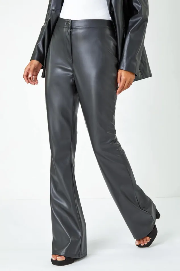 Women Black Faux Leather Bootcut Stretch Trousers Roman Trousers