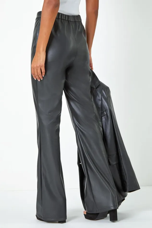Women Black Faux Leather Bootcut Stretch Trousers Roman Trousers