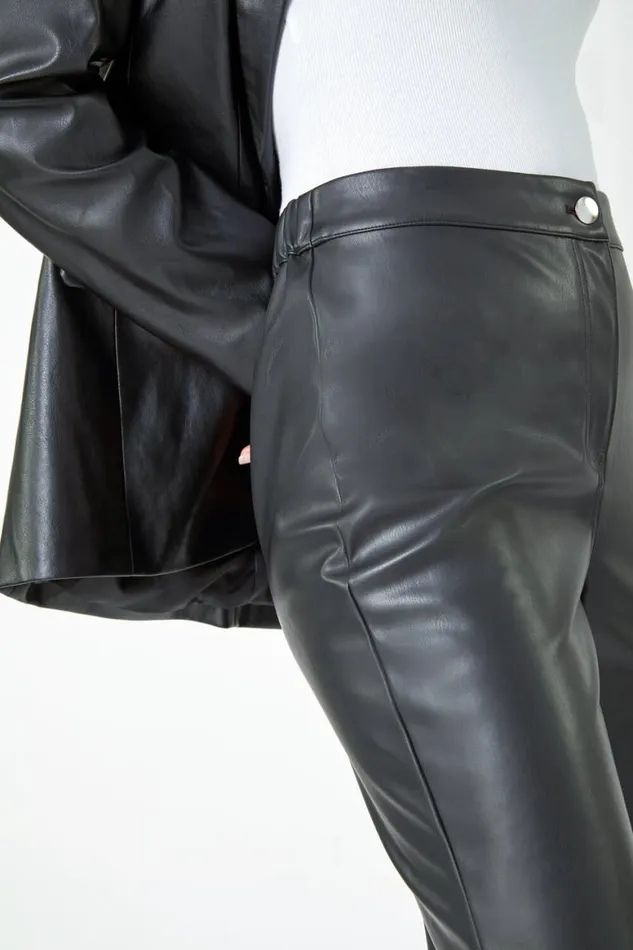 Women Black Faux Leather Bootcut Stretch Trousers Roman Trousers