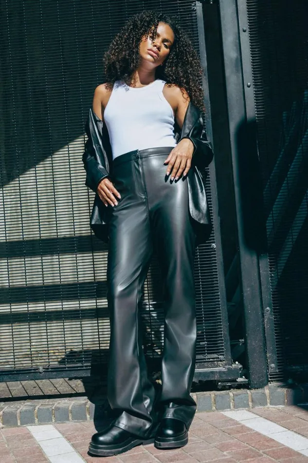 Women Black Faux Leather Bootcut Stretch Trousers Roman Trousers