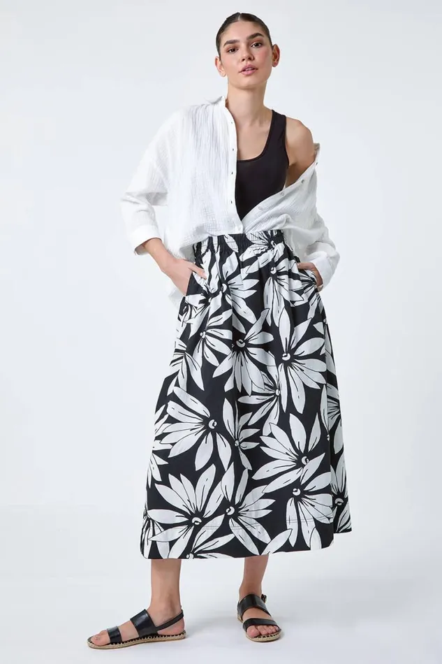 Women Black Floral Cotton Poplin A Line Pocket Skirt Roman Skirts