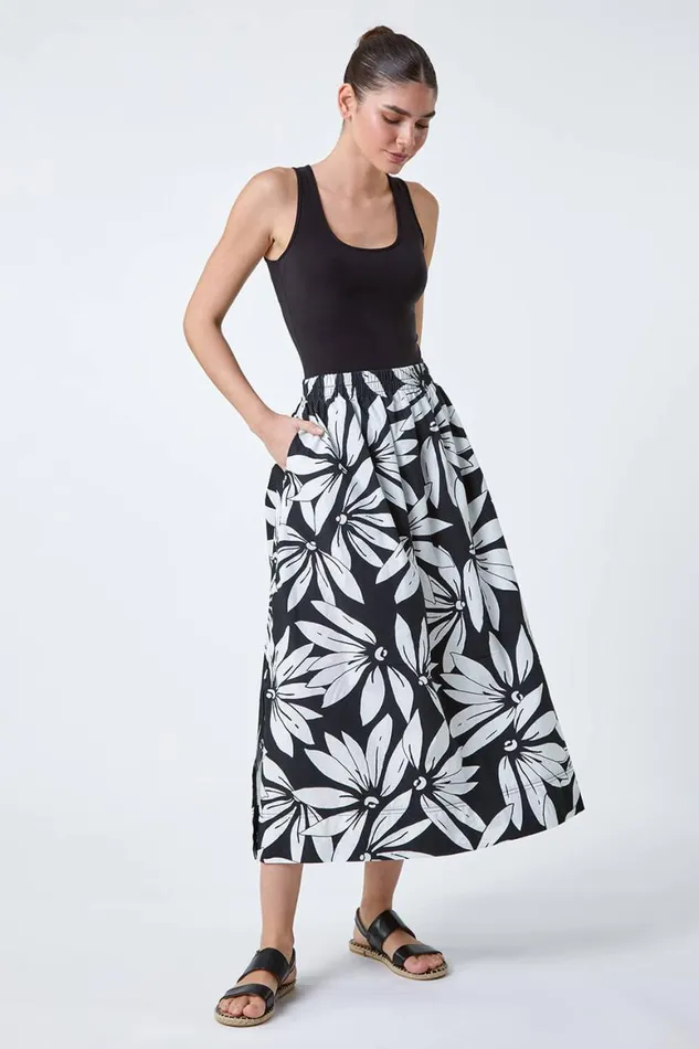Women Black Floral Cotton Poplin A Line Pocket Skirt Roman Skirts
