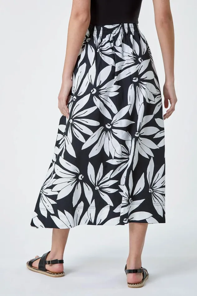 Women Black Floral Cotton Poplin A Line Pocket Skirt Roman Skirts