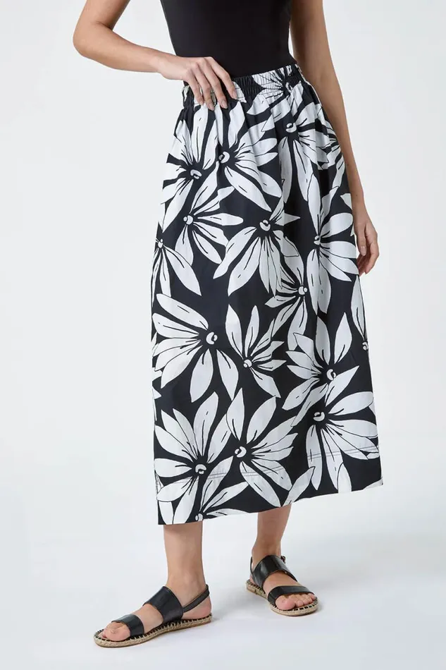 Women Black Floral Cotton Poplin A Line Pocket Skirt Roman Skirts