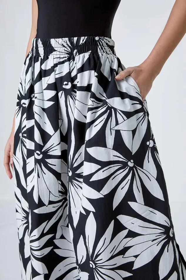 Women Black Floral Cotton Poplin A Line Pocket Skirt Roman Skirts