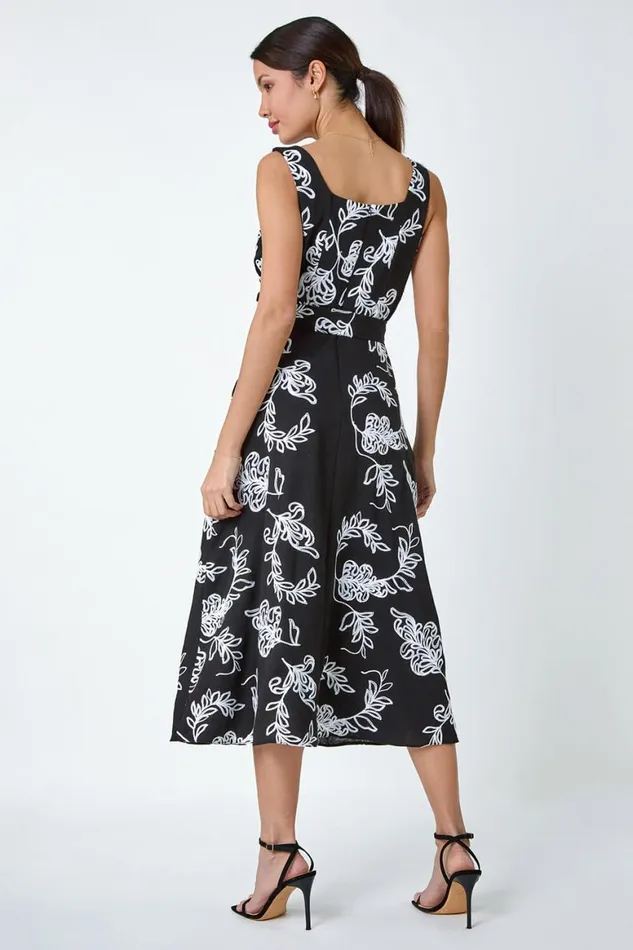 Women Black Floral Embroidered Cotton Blend Dress Roman Dresses