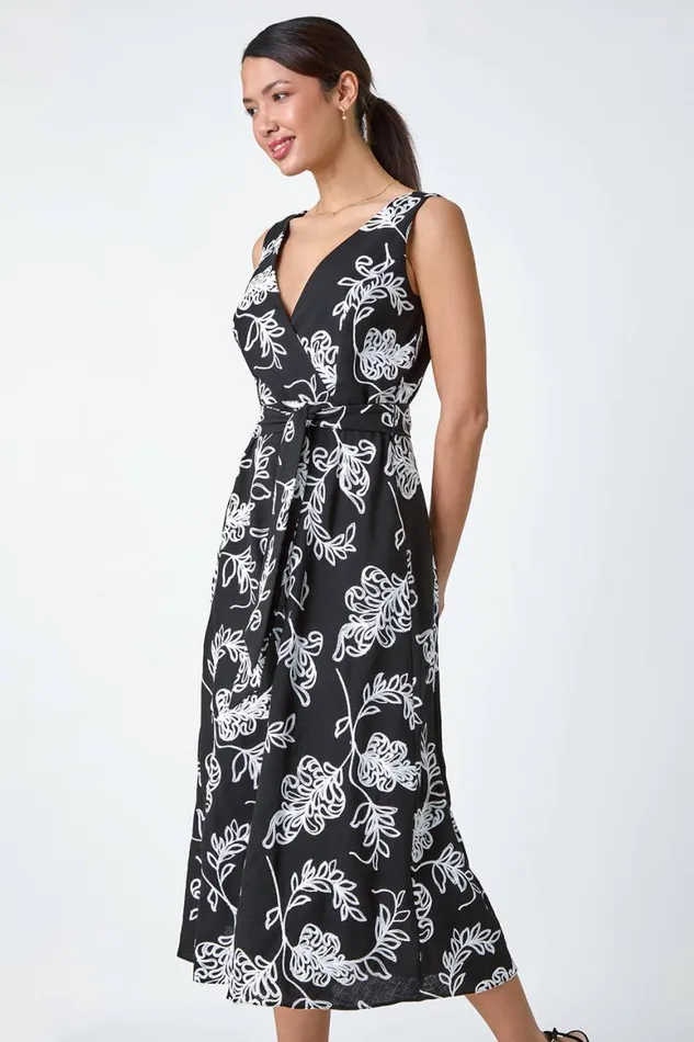 Women Black Floral Embroidered Cotton Blend Dress Roman Dresses