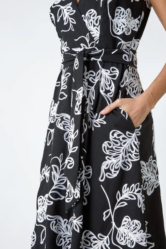 Women Black Floral Embroidered Cotton Blend Dress Roman Dresses