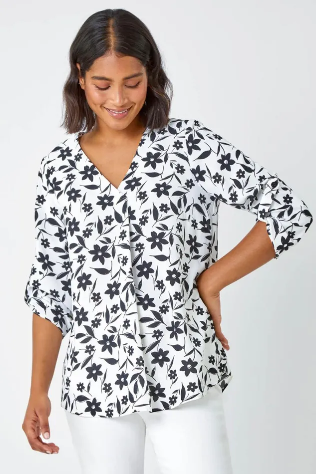 Women Black Floral Print Pleat Front VNeck Tunic Top Roman Tops