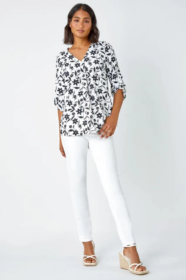 Women Black Floral Print Pleat Front VNeck Tunic Top Roman Tops