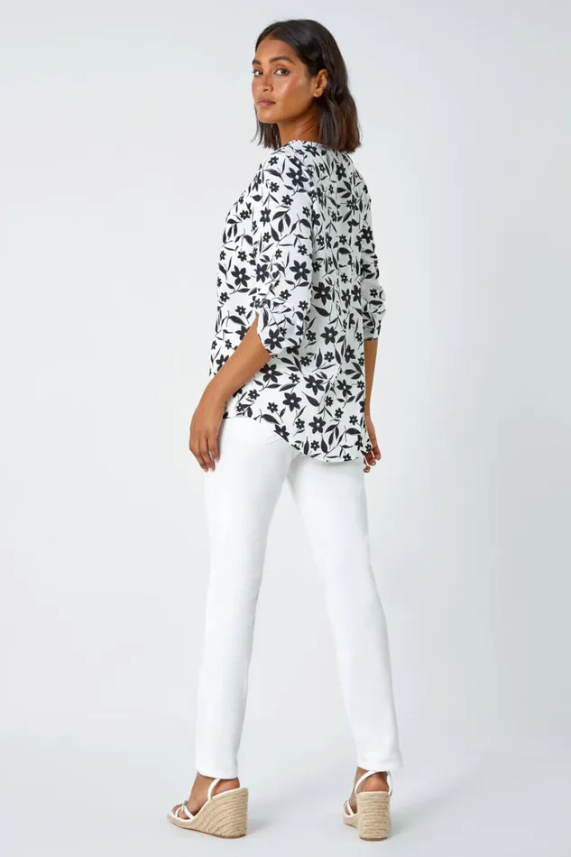 Women Black Floral Print Pleat Front VNeck Tunic Top Roman Tops