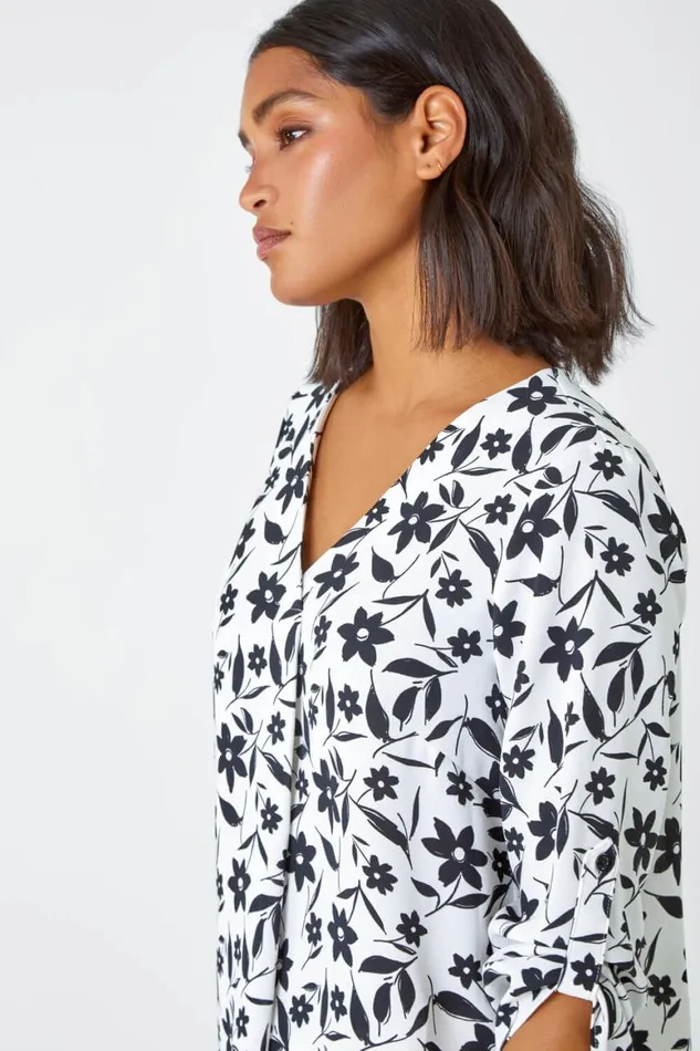Women Black Floral Print Pleat Front VNeck Tunic Top Roman Tops