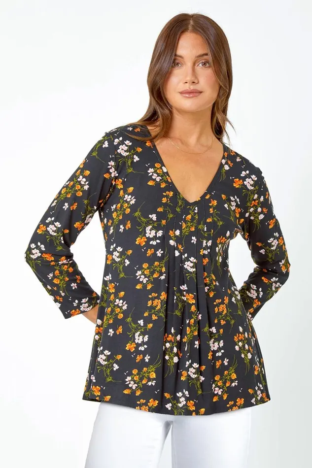 Women Black Floral Print VNeck Tunic Swing Stretch Top Roman Tops