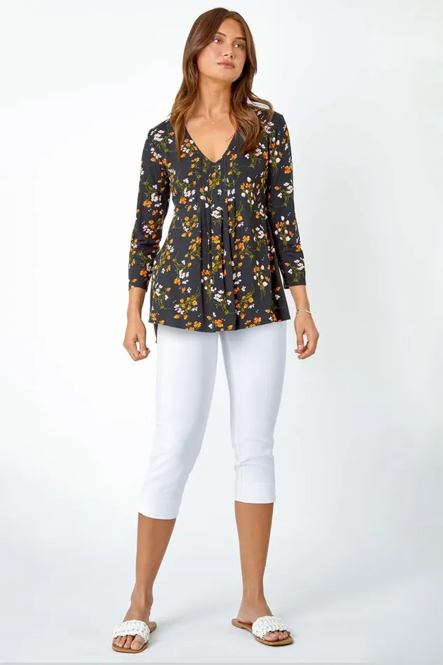 Women Black Floral Print VNeck Tunic Swing Stretch Top Roman Tops