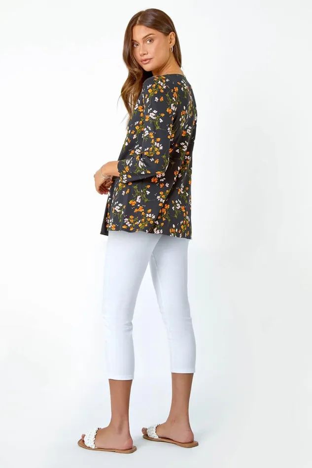 Women Black Floral Print VNeck Tunic Swing Stretch Top Roman Tops