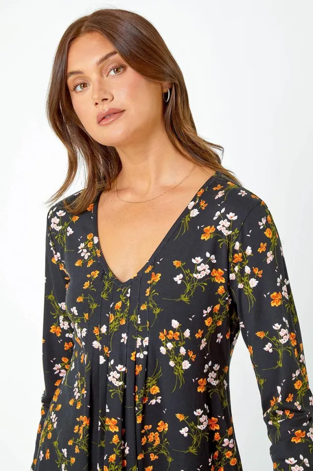 Women Black Floral Print VNeck Tunic Swing Stretch Top Roman Tops