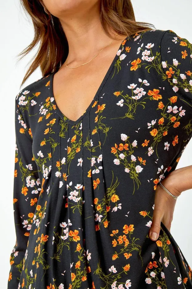 Women Black Floral Print VNeck Tunic Swing Stretch Top Roman Tops