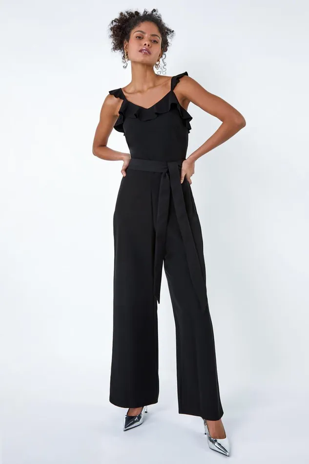 Women Black Frill Detail Wide Leg Jumpsuit Roman Dresses