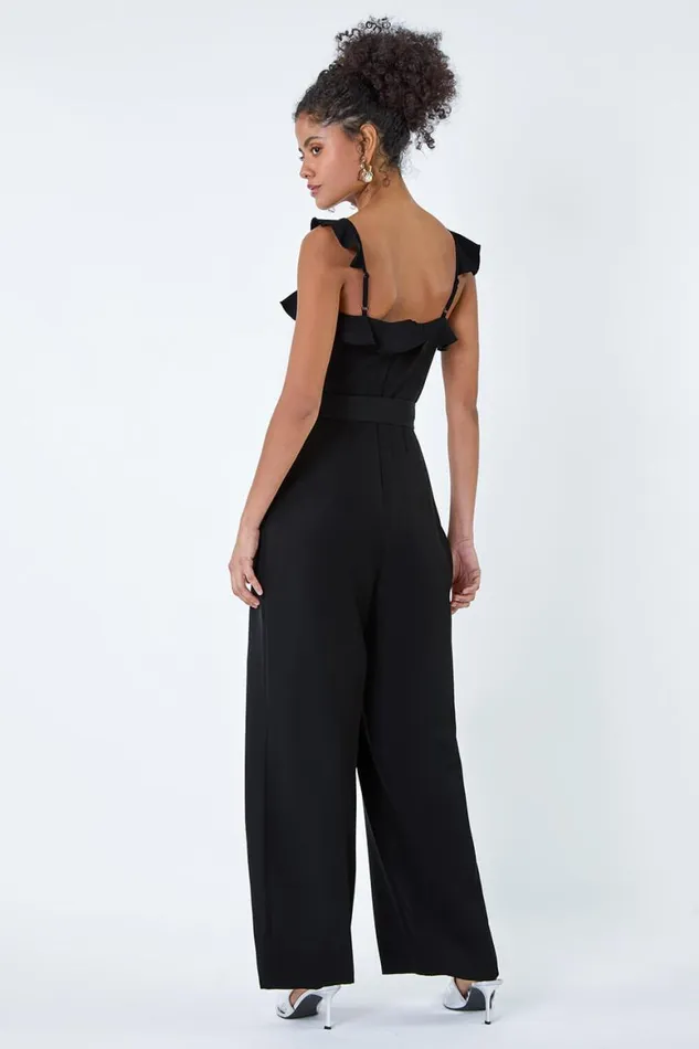 Women Black Frill Detail Wide Leg Jumpsuit Roman Dresses
