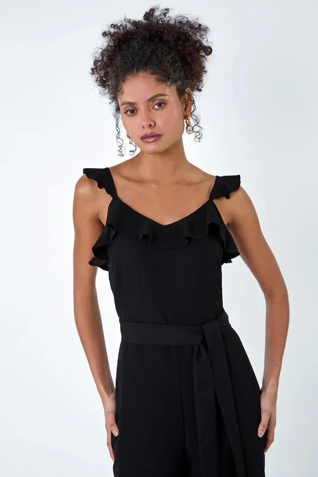 Women Black Frill Detail Wide Leg Jumpsuit Roman Dresses