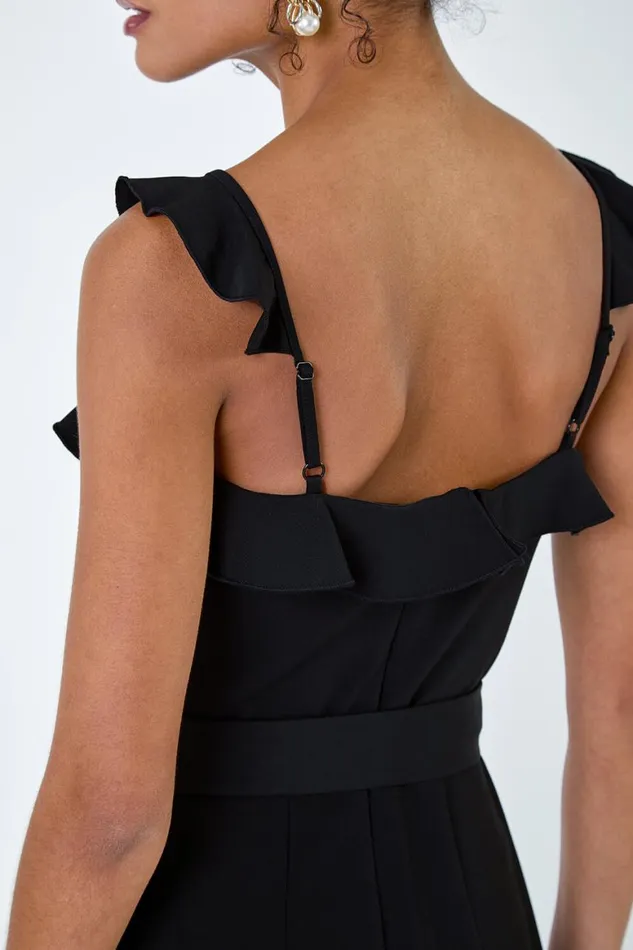Women Black Frill Detail Wide Leg Jumpsuit Roman Dresses