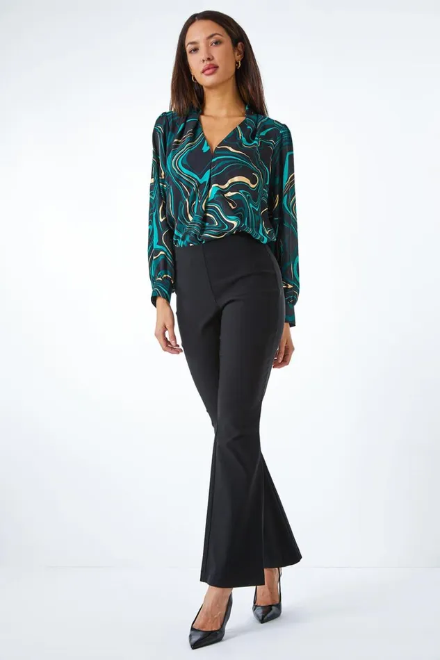 Women Black Full Length Boot Cut Elastic Waist Trouser Roman Trousers