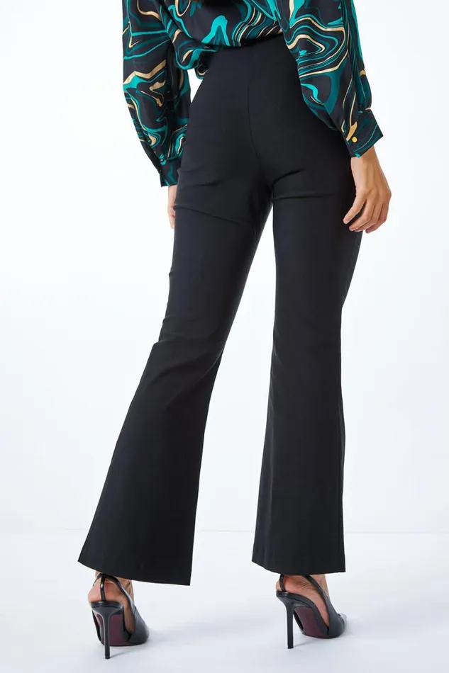 Women Black Full Length Boot Cut Elastic Waist Trouser Roman Trousers