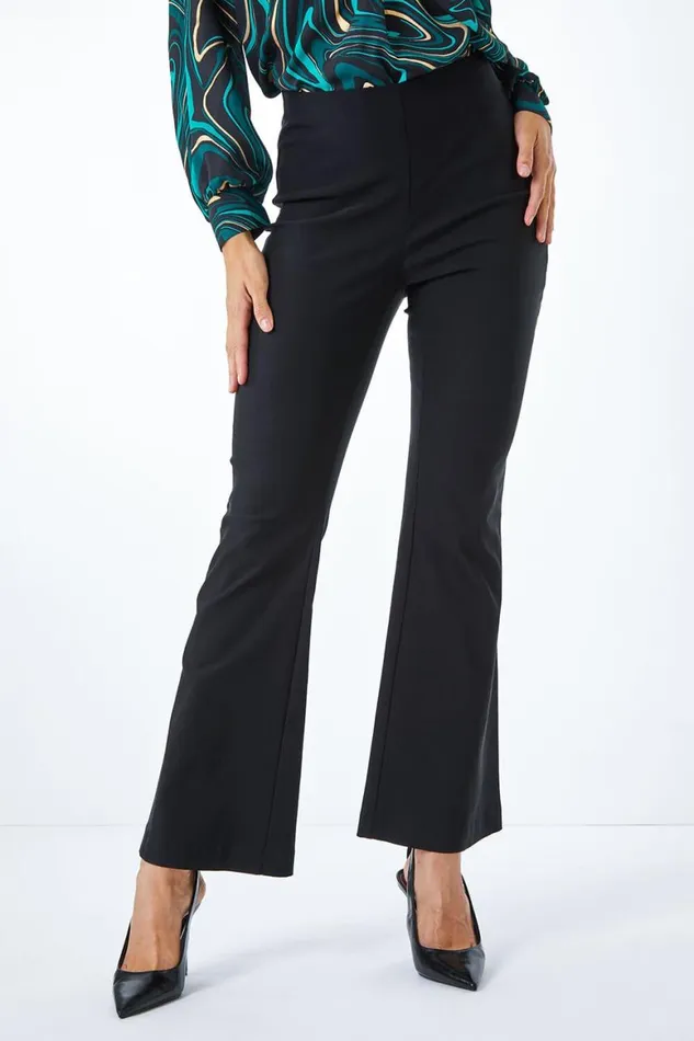 Women Black Full Length Boot Cut Elastic Waist Trouser Roman Trousers