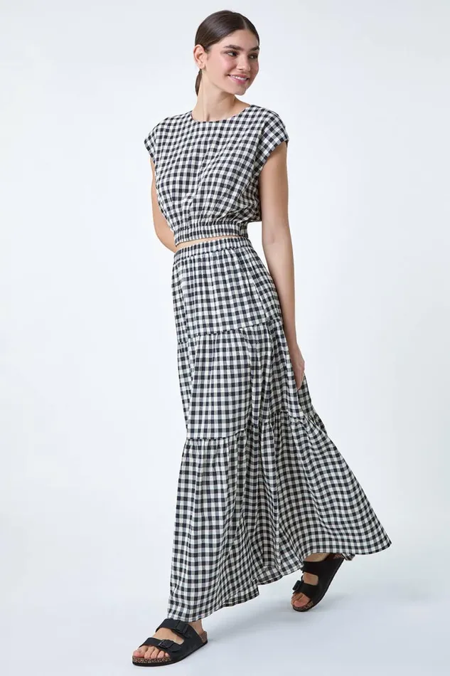 Women Black Gingham Check Tiered Maxi Skirt Roman Skirts