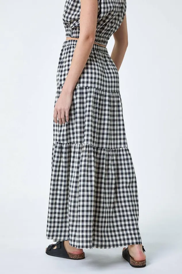 Women Black Gingham Check Tiered Maxi Skirt Roman Skirts