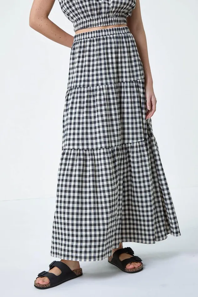 Women Black Gingham Check Tiered Maxi Skirt Roman Skirts