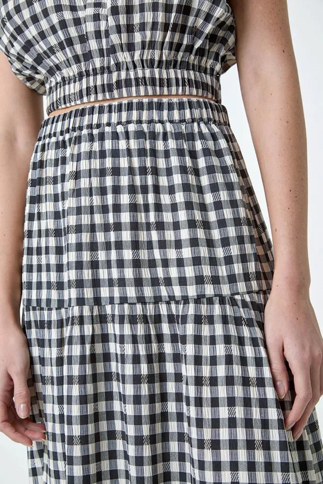 Women Black Gingham Check Tiered Maxi Skirt Roman Skirts