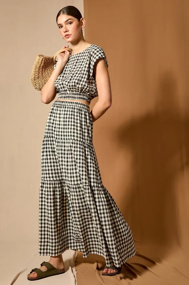 Women Black Gingham Check Tiered Maxi Skirt Roman Skirts