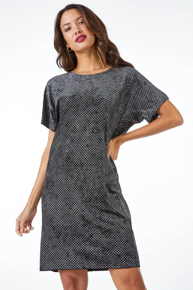 Women Black Glitter Spot Stretch Shift Dress Roman Dresses
