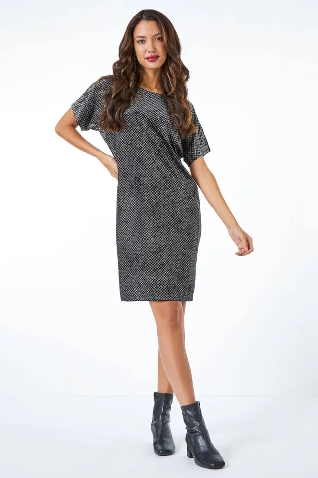 Women Black Glitter Spot Stretch Shift Dress Roman Dresses